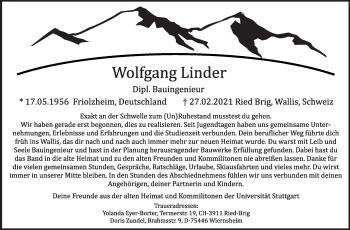 Traueranzeige von Wolfgang Linder von Stuttgarter Zeitung / Stuttgarter Nachrichten