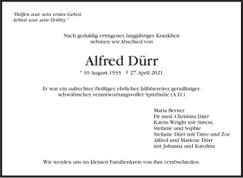 Traueranzeige von Alfred Dürr von Stuttgarter Zeitung / Stuttgarter Nachrichten