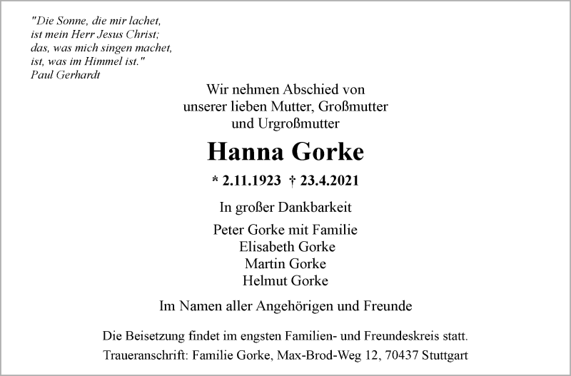  Traueranzeige für Hanna Gorke vom 28.04.2021 aus Stuttgarter Zeitung / Stuttgarter Nachrichten