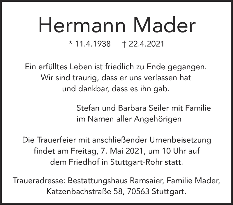  Traueranzeige für Hermann Mader vom 27.04.2021 aus Stuttgarter Zeitung / Stuttgarter Nachrichten