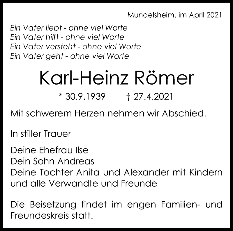  Traueranzeige für Karl-Heinz Römer vom 30.04.2021 aus Stuttgarter Zeitung / Stuttgarter Nachrichten