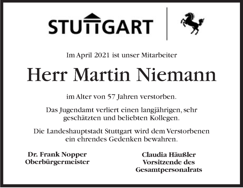  Traueranzeige für Martin Niemann vom 30.04.2021 aus Stuttgarter Zeitung / Stuttgarter Nachrichten