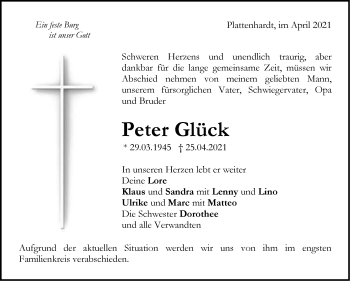 Traueranzeige von Peter Glück von Stuttgarter Zeitung / Stuttgarter Nachrichten