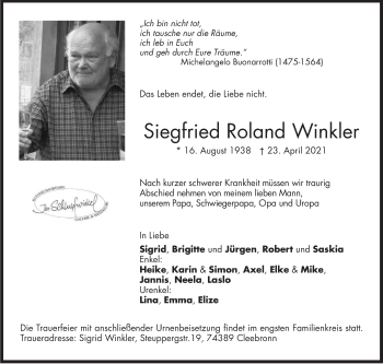 Traueranzeige von Siegfried Winkler von Stuttgarter Zeitung / Stuttgarter Nachrichten