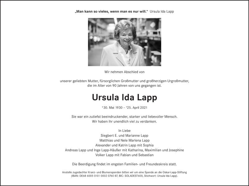  Traueranzeige für Ursula Ida Lapp vom 30.04.2021 aus Stuttgarter Zeitung / Stuttgarter Nachrichten