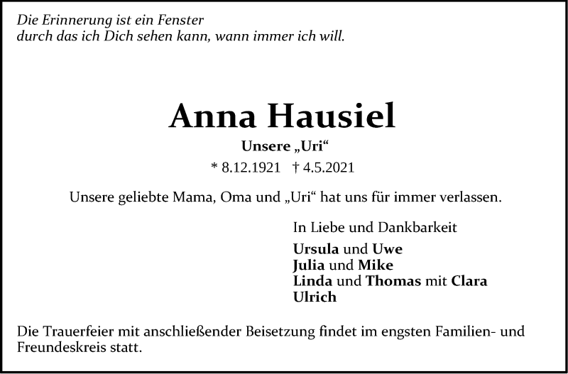  Traueranzeige für Anna Hausiel vom 08.05.2021 aus Stuttgarter Zeitung / Stuttgarter Nachrichten