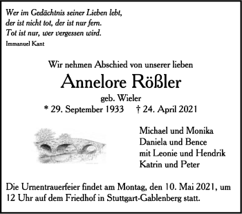 Traueranzeige von Annelore Rößler von Stuttgarter Zeitung / Stuttgarter Nachrichten