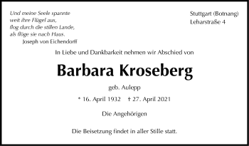Traueranzeige von Barbara Kroseberg von Stuttgarter Zeitung / Stuttgarter Nachrichten