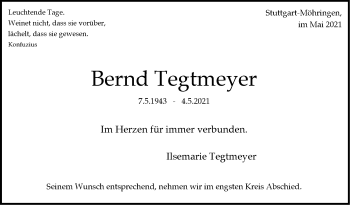 Traueranzeige von Bernd Tegtmeyer von Stuttgarter Zeitung / Stuttgarter Nachrichten