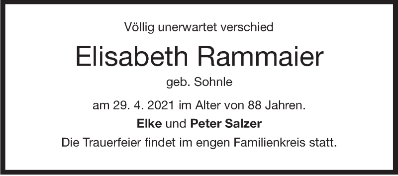  Traueranzeige für Elisabeth Rammaier vom 07.05.2021 aus Stuttgarter Zeitung / Stuttgarter Nachrichten