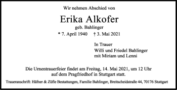 Traueranzeige von Erika Alkofer von Stuttgarter Zeitung / Stuttgarter Nachrichten