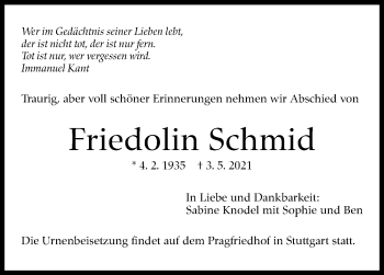 Traueranzeige von Friedolin Schmid von Stuttgarter Zeitung / Stuttgarter Nachrichten