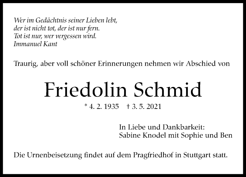  Traueranzeige für Friedolin Schmid vom 07.05.2021 aus Stuttgarter Zeitung / Stuttgarter Nachrichten