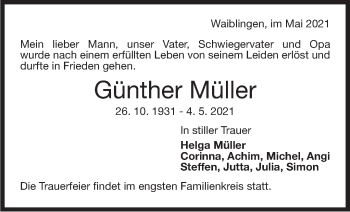 Traueranzeige von Günther Müller von Stuttgarter Zeitung / Stuttgarter Nachrichten