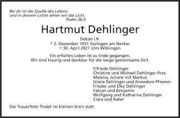 Traueranzeige von Hartmut Dehlinger von Stuttgarter Zeitung / Stuttgarter Nachrichten
