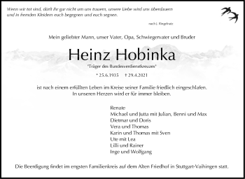 Traueranzeige von Heinz Hobinka von Stuttgarter Zeitung / Stuttgarter Nachrichten