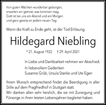 Traueranzeige von Hildegard Niebling von Stuttgarter Zeitung / Stuttgarter Nachrichten