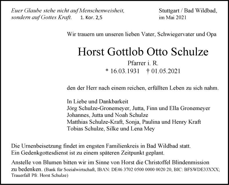  Traueranzeige für Horst Gottlob Otto Schulze vom 08.05.2021 aus Stuttgarter Zeitung / Stuttgarter Nachrichten