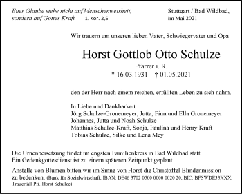 Traueranzeige von Horst Gottlob Otto Schulze von Stuttgarter Zeitung / Stuttgarter Nachrichten
