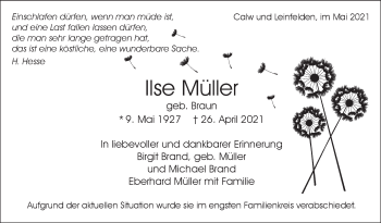 Traueranzeige von Ilse Müller von Stuttgarter Zeitung / Stuttgarter Nachrichten