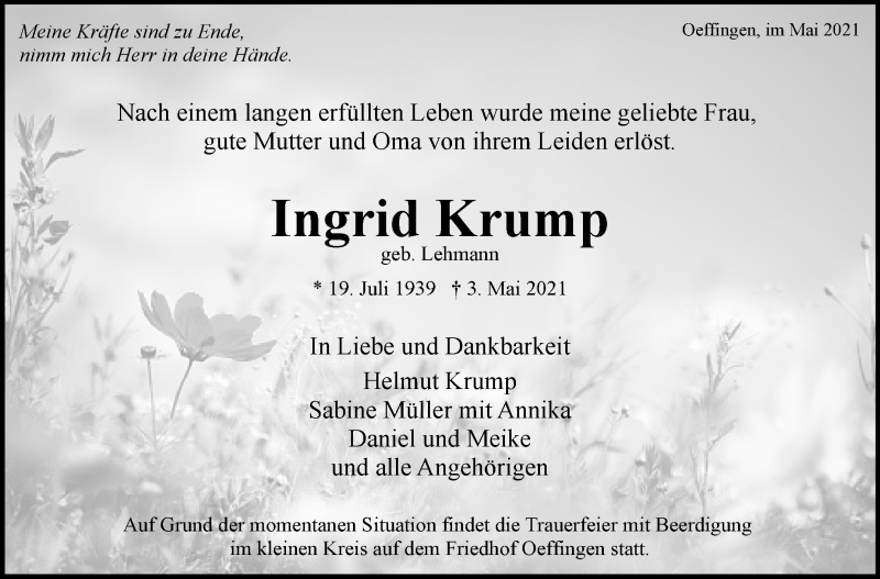  Traueranzeige für Ingrid Krump vom 05.05.2021 aus Stuttgarter Zeitung / Stuttgarter Nachrichten