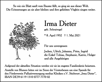 Traueranzeige von Irma Dieter von Stuttgarter Zeitung / Stuttgarter Nachrichten