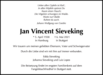 Traueranzeige von Jan Vincent Sieveking von Stuttgarter Zeitung / Stuttgarter Nachrichten