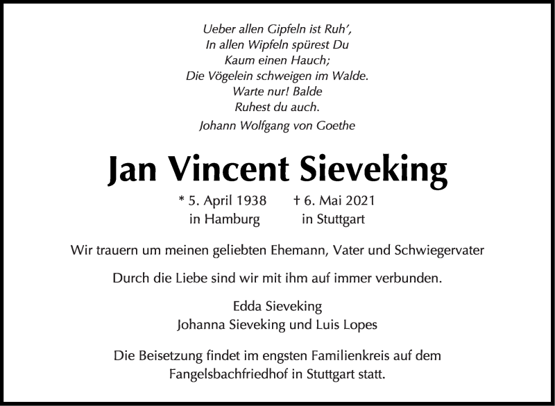  Traueranzeige für Jan Vincent Sieveking vom 08.05.2021 aus Stuttgarter Zeitung / Stuttgarter Nachrichten