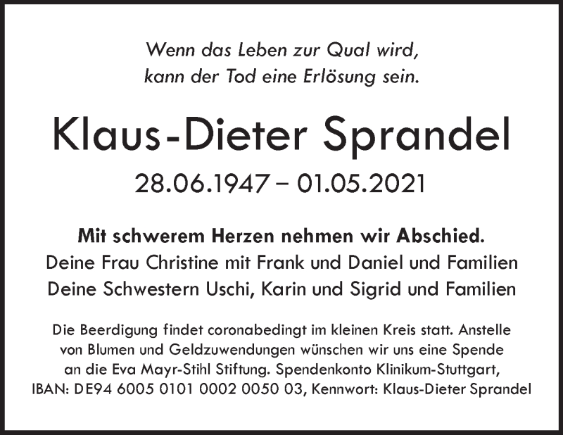  Traueranzeige für Klaus-Dieter Sprandel vom 05.05.2021 aus Stuttgarter Zeitung / Stuttgarter Nachrichten
