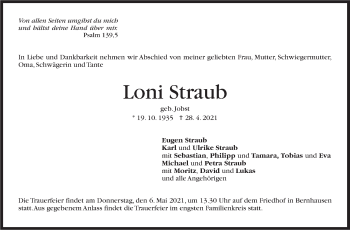 Traueranzeige von Loni Straub von Stuttgarter Zeitung / Stuttgarter Nachrichten