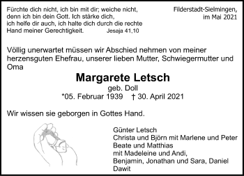 Traueranzeige von Margarete Letsch von Stuttgarter Zeitung / Stuttgarter Nachrichten