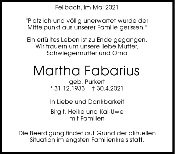 Traueranzeige von Martha Fabarius von Stuttgarter Zeitung / Stuttgarter Nachrichten