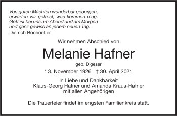 Traueranzeige von Melanie Hafner von Stuttgarter Zeitung / Stuttgarter Nachrichten