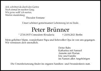 Traueranzeige von Peter Brünner von Stuttgarter Zeitung / Stuttgarter Nachrichten