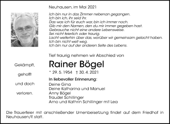 Traueranzeige von Rainer Bögel von Stuttgarter Zeitung / Stuttgarter Nachrichten