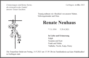 Traueranzeige von Renate Neuhaus von Stuttgarter Zeitung / Stuttgarter Nachrichten