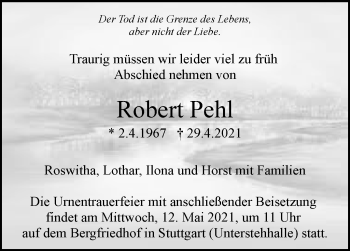 Traueranzeige von Robert Pehl von Stuttgarter Zeitung / Stuttgarter Nachrichten