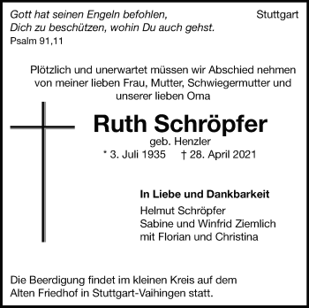 Traueranzeige von Ruth Schröpfer von Stuttgarter Zeitung / Stuttgarter Nachrichten