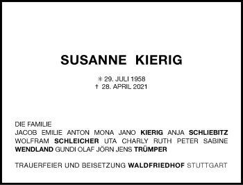 Traueranzeige von Susanne Kierig von Stuttgarter Zeitung / Stuttgarter Nachrichten