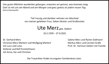Traueranzeige von Ute Merz von Stuttgarter Zeitung / Stuttgarter Nachrichten