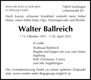 Traueranzeige von Walter Ballreich von Stuttgarter Zeitung / Stuttgarter Nachrichten