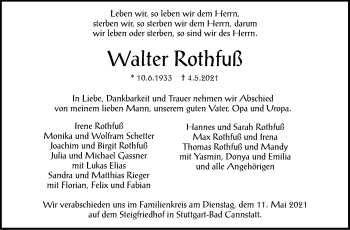 Traueranzeige von Walter Rothfuß von Stuttgarter Zeitung / Stuttgarter Nachrichten