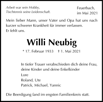 Traueranzeige von Willi Neubig von Stuttgarter Zeitung / Stuttgarter Nachrichten
