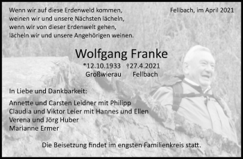 Traueranzeige von Wolfgang Franke von Stuttgarter Zeitung / Stuttgarter Nachrichten