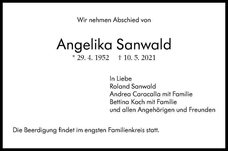  Traueranzeige für Angelika Sanwald vom 27.05.2021 aus Stuttgarter Zeitung / Stuttgarter Nachrichten