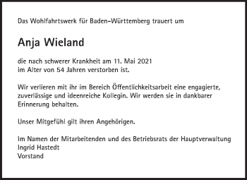 Traueranzeige von Anja Wieland von Stuttgarter Zeitung / Stuttgarter Nachrichten