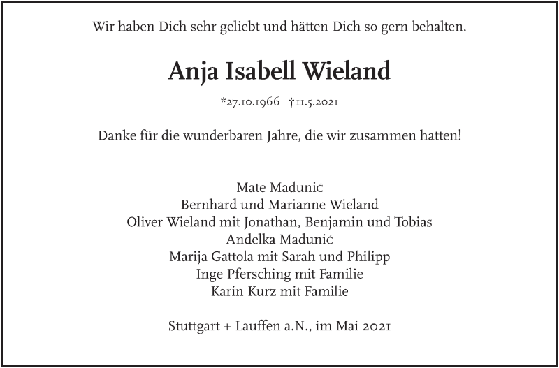  Traueranzeige für Anja Isabell Wieland vom 15.05.2021 aus Stuttgarter Zeitung / Stuttgarter Nachrichten