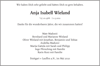 Traueranzeige von Anja Isabell Wieland von Stuttgarter Zeitung / Stuttgarter Nachrichten