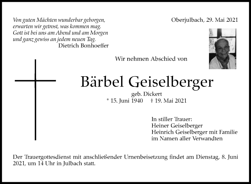  Traueranzeige für Bärbel Geiselberger vom 29.05.2021 aus Stuttgarter Zeitung / Stuttgarter Nachrichten
