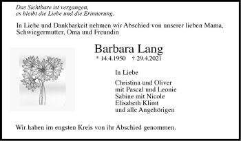 Traueranzeige von Barbara Lang von Stuttgarter Zeitung / Stuttgarter Nachrichten